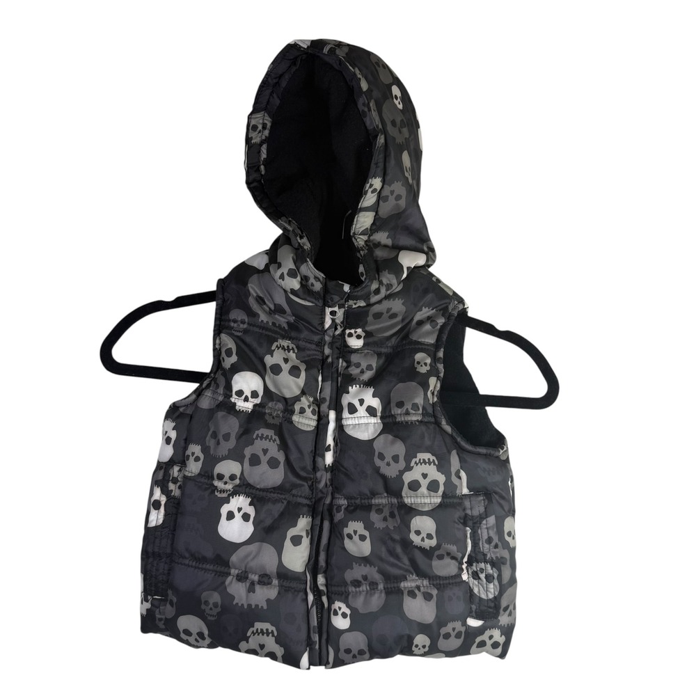 NWT Child's Black Hooded Skull Print Fleece Lined Puffer Vest Size XS 4/5